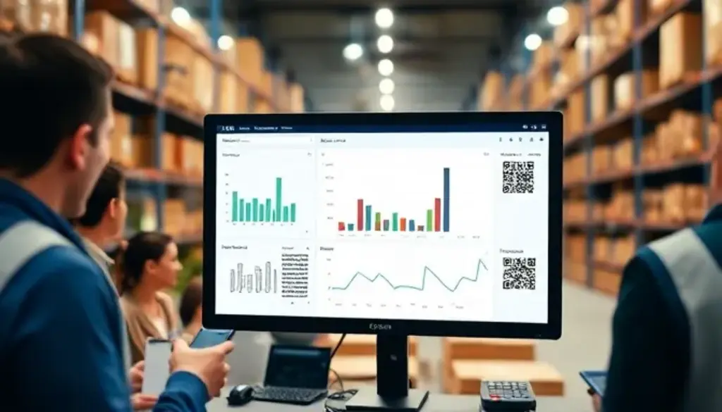 Warehouse workers analyzing inventory management dashboard with charts and QR codes on computer screen