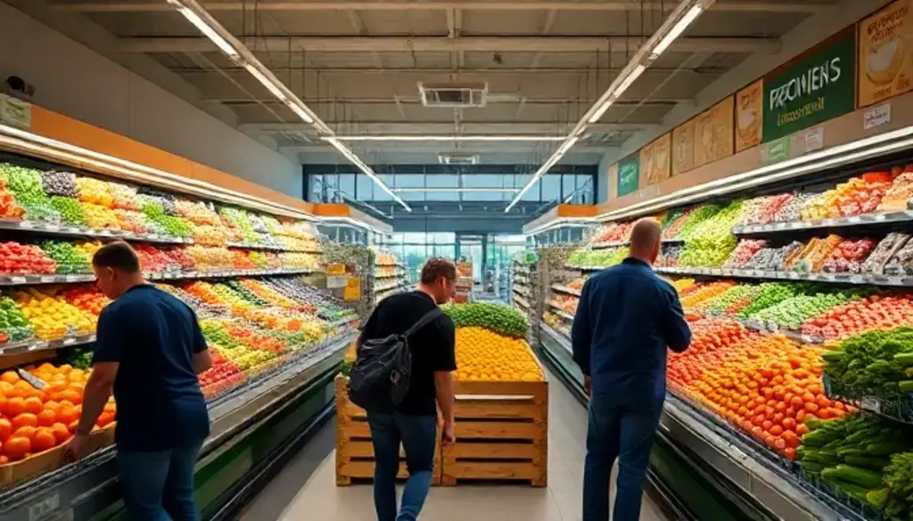 Grocery store employees managing fresh produce inventory in well-stocked supermarket aisle