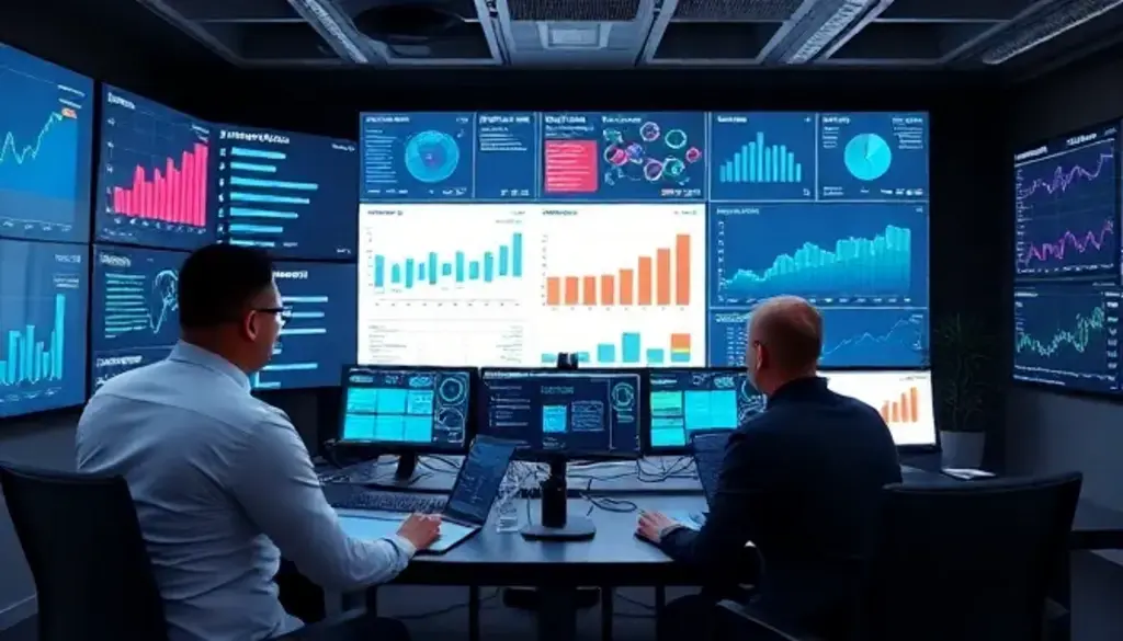 Two business professionals analyzing inventory management data on multiple dashboard screens