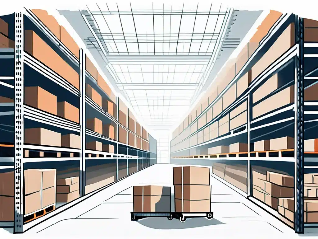 Modern warehouse interior with tall shelving units storing cardboard boxes and pallet cart
