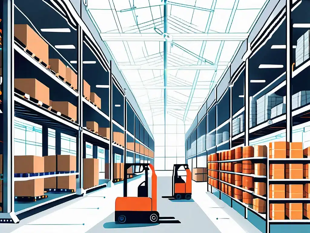 Modern warehouse interior with orange forklifts and organized shelving for efficient operations