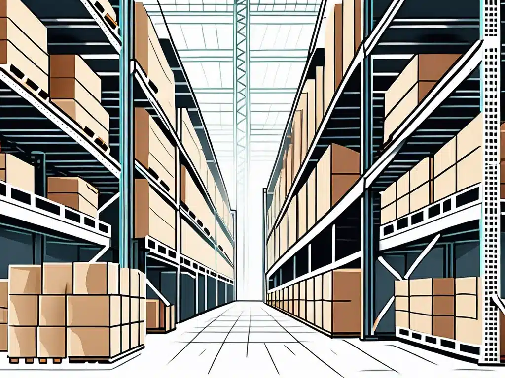 Modern warehouse interior with organized shelving systems and stacked cardboard boxes
