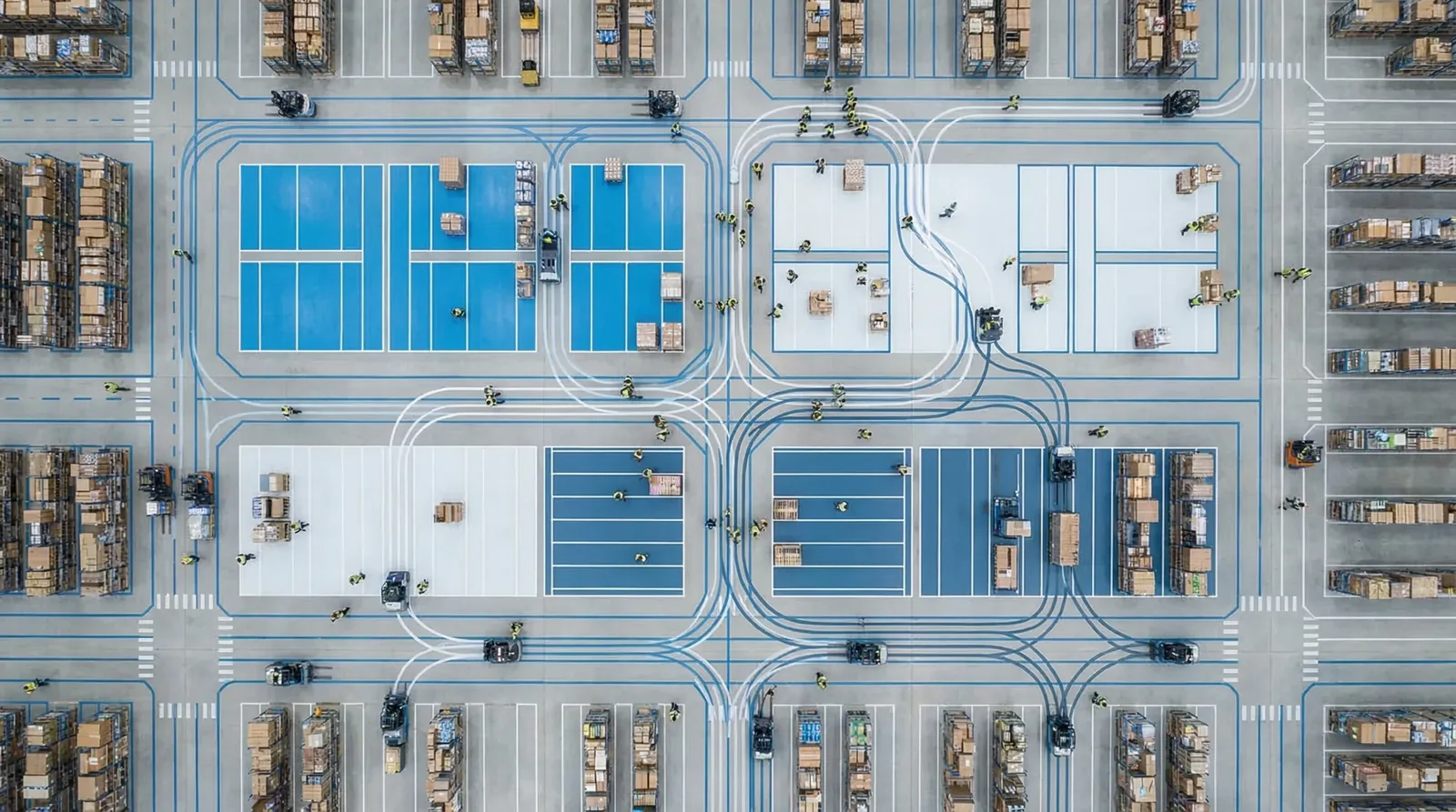 Aerial view of organized warehouse floor