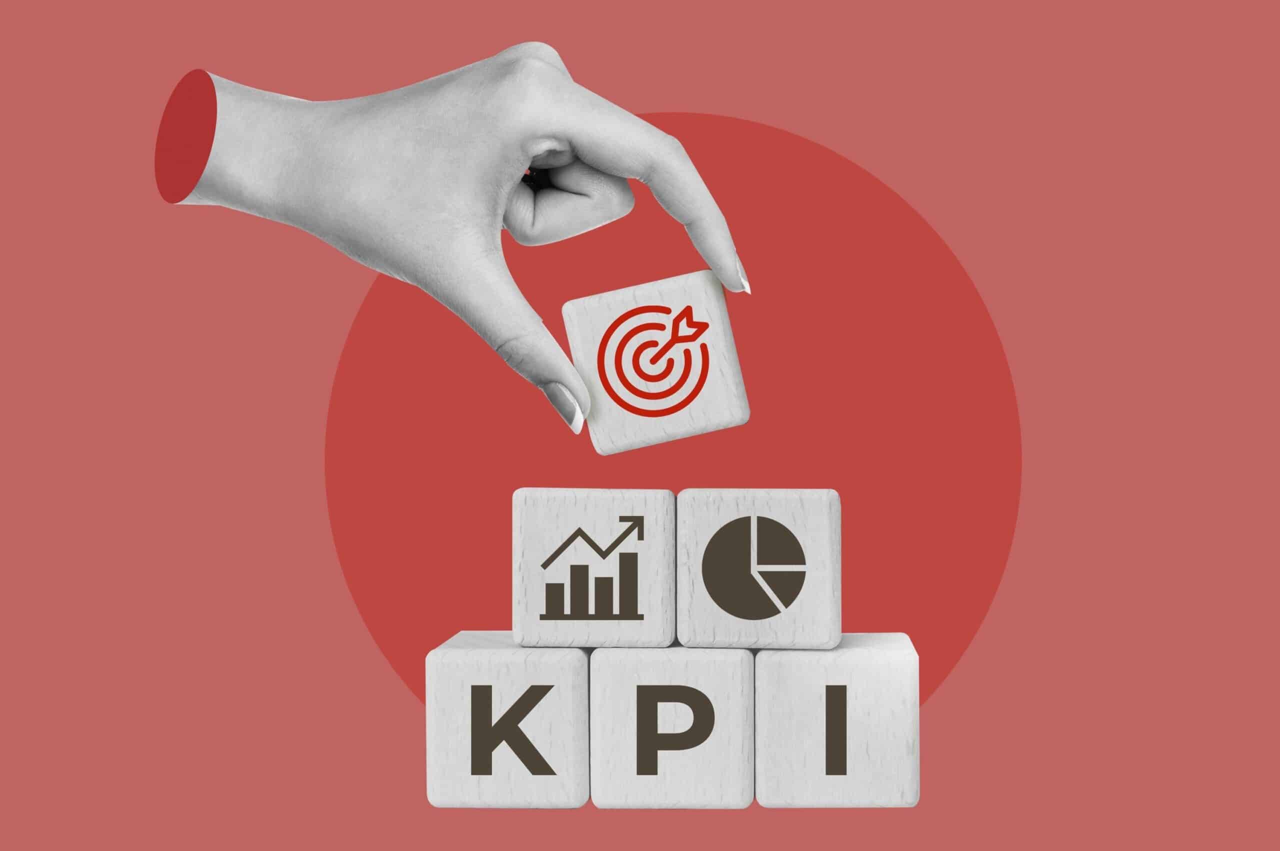 hand placing blocks with inventory kpi images and letters