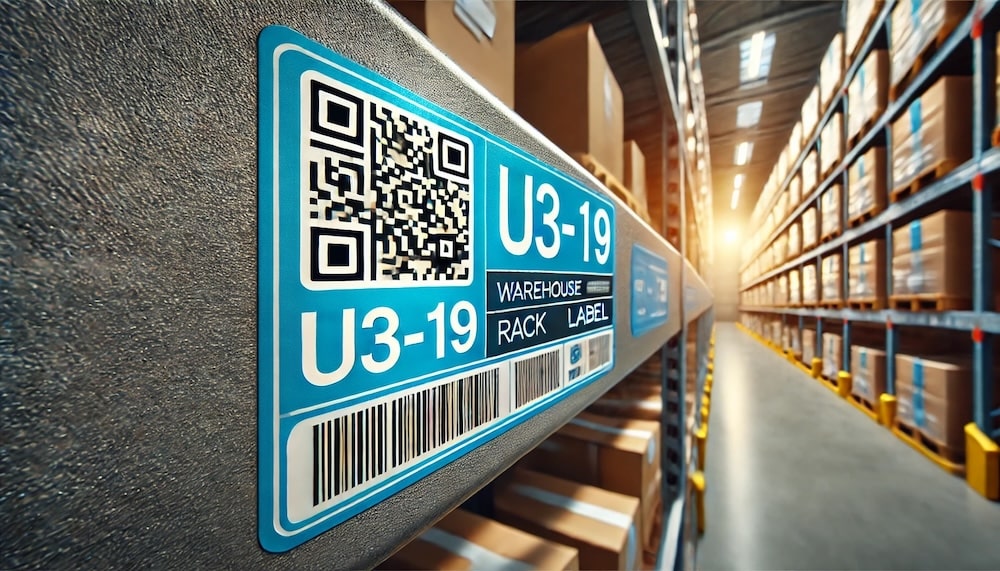 blue warehouse rack labels with upc and qr codes