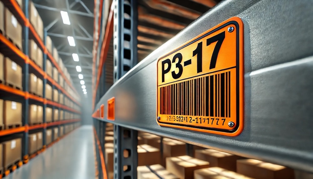 orange warehouse rack label with upc barcode