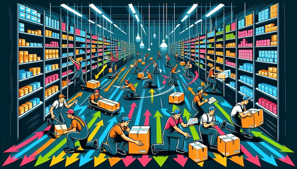 graphic of workers doing warehouse slotting optimization