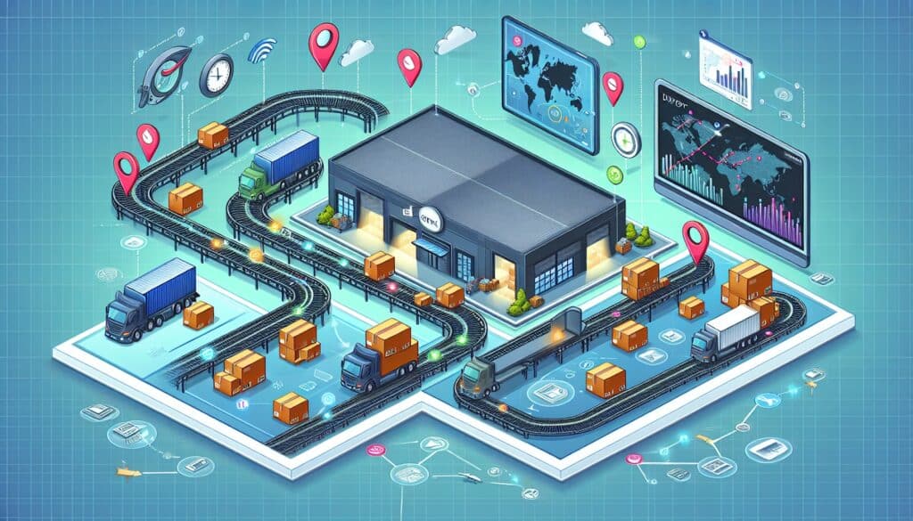 warehouse order fulfillment process with trucks and conveyors