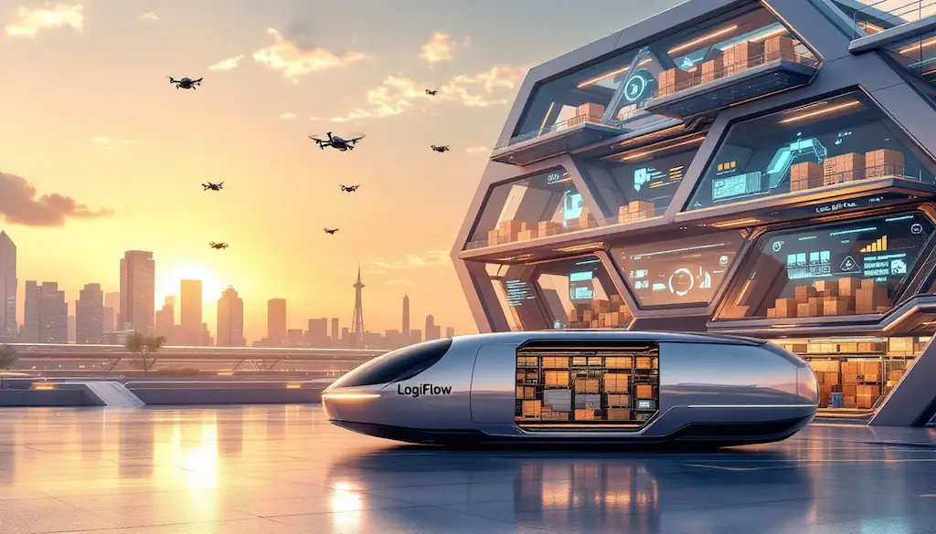 futuristic exterior of on-demand warehouse with transport vehicle