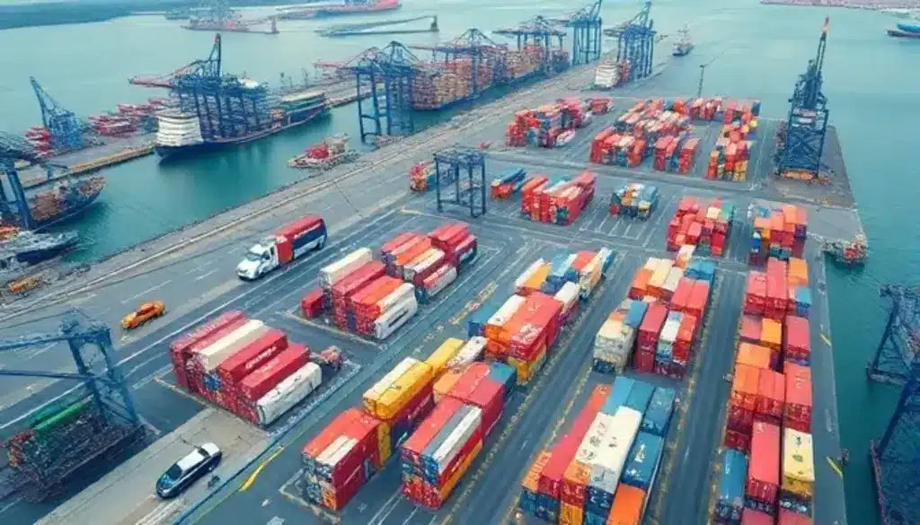 Aerial view of a Foreign Trade Zone with efficient cargo handling and diverse industries.