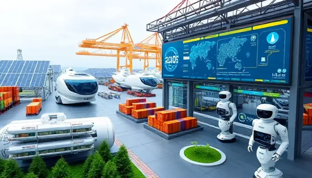 Advanced Foreign Trade Zone with robots, real-time tracking, and sustainable features.