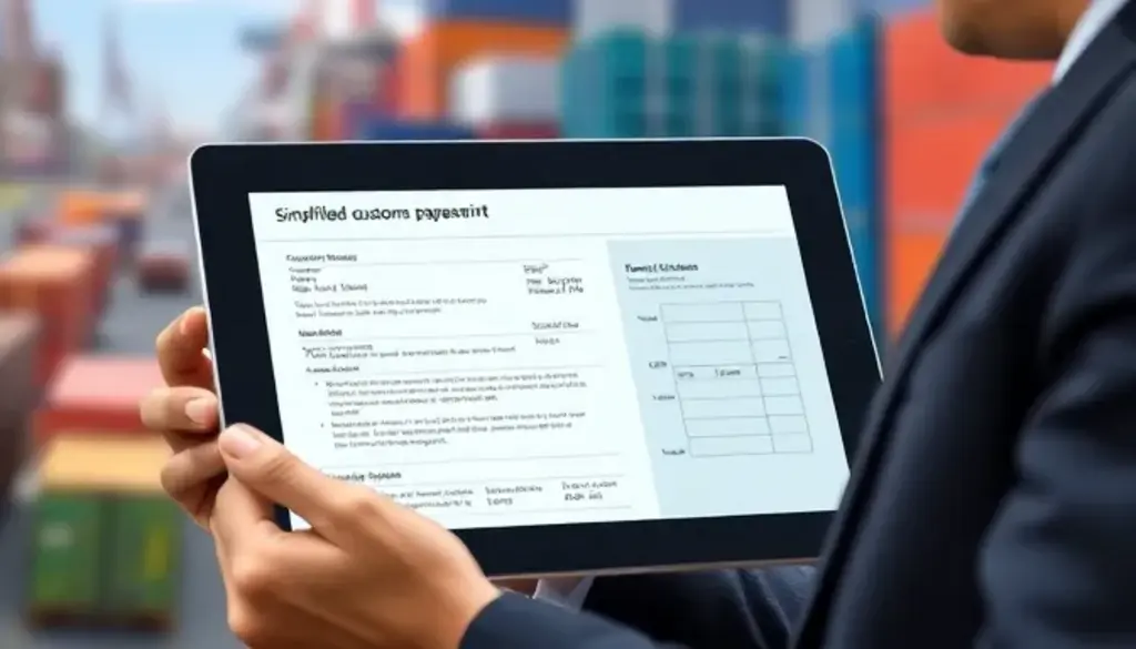 Businessman reviewing simplified customs paperwork in a Foreign Trade Zone.