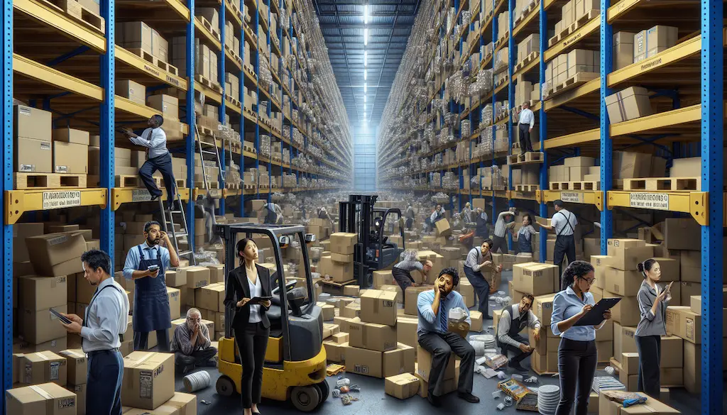 workers in a messy warehouse