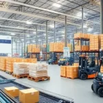 "Automated conveyor belts and robotic forklifts in a WMS-integrated distribution warehouse."