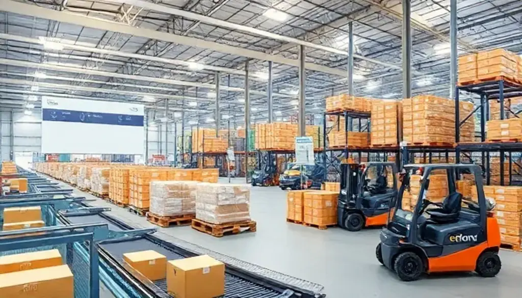 "Automated conveyor belts and robotic forklifts in a WMS-integrated distribution warehouse."